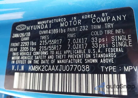 2018 Hyundai Kona Sel z USA, uszkodzony, nr VIN KM8K2CAAXJU077038